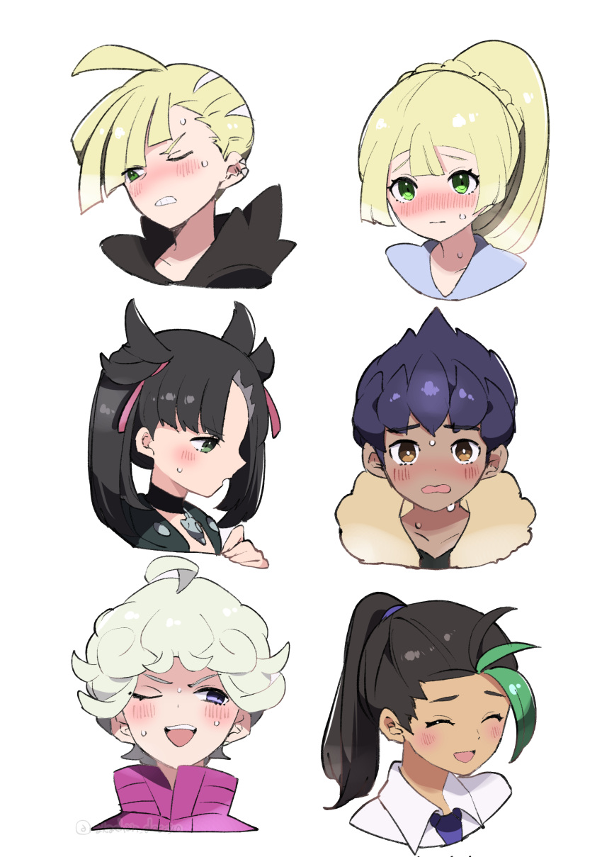 3boys 3girls :d ;d absurdres ahoge akanboh bede_(pokemon) black_hair blonde_hair blush bright_pupils brown_eyes clenched_teeth closed_eyes closed_mouth coat commentary_request curly_hair dark-skinned_male dark_skin eyelashes gladion_(pokemon) green_eyes high_collar highres hood hood_down hop_(pokemon) lillie_(pokemon) long_hair looking_down marnie_(pokemon) multiple_boys multiple_girls nemona_(pokemon) one_eye_closed open_mouth pokemon pokemon_(game) pokemon_sm pokemon_sv pokemon_swsh ponytail purple_coat raised_eyebrows short_hair simple_background smile sweat teeth twintails white_background white_pupils