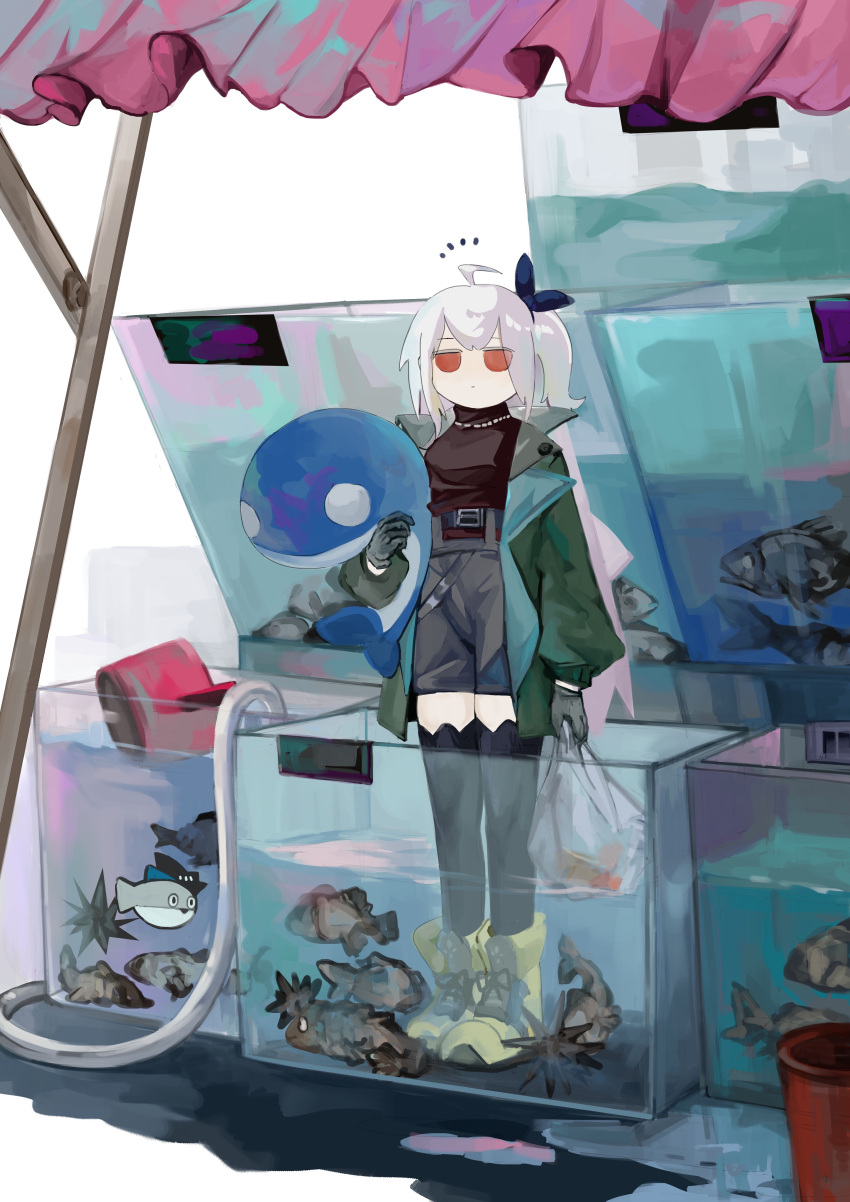 1girl absurdres ahoge aquarium arknights bag belt belt_buckle black_belt black_shirt black_thighhighs blue_ribbon boots bucket buckle bulong144 chinese_commentary closed_mouth commentary_request expressionless fish full_body gloves green_jacket grey_gloves grey_hair grey_shorts hair_ribbon highres holding holding_bag holding_stuffed_toy jacket jitome long_hair long_sleeves official_alternate_costume open_clothes open_jacket orange_eyes plastic_bag puddle ribbon sea_urchin shirt shoelaces shorts skadi_(arknights) skadi_(the_next_afternoon_tea)_(arknights) solo stuffed_animal stuffed_fish stuffed_toy thigh-highs very_long_hair yellow_footwear