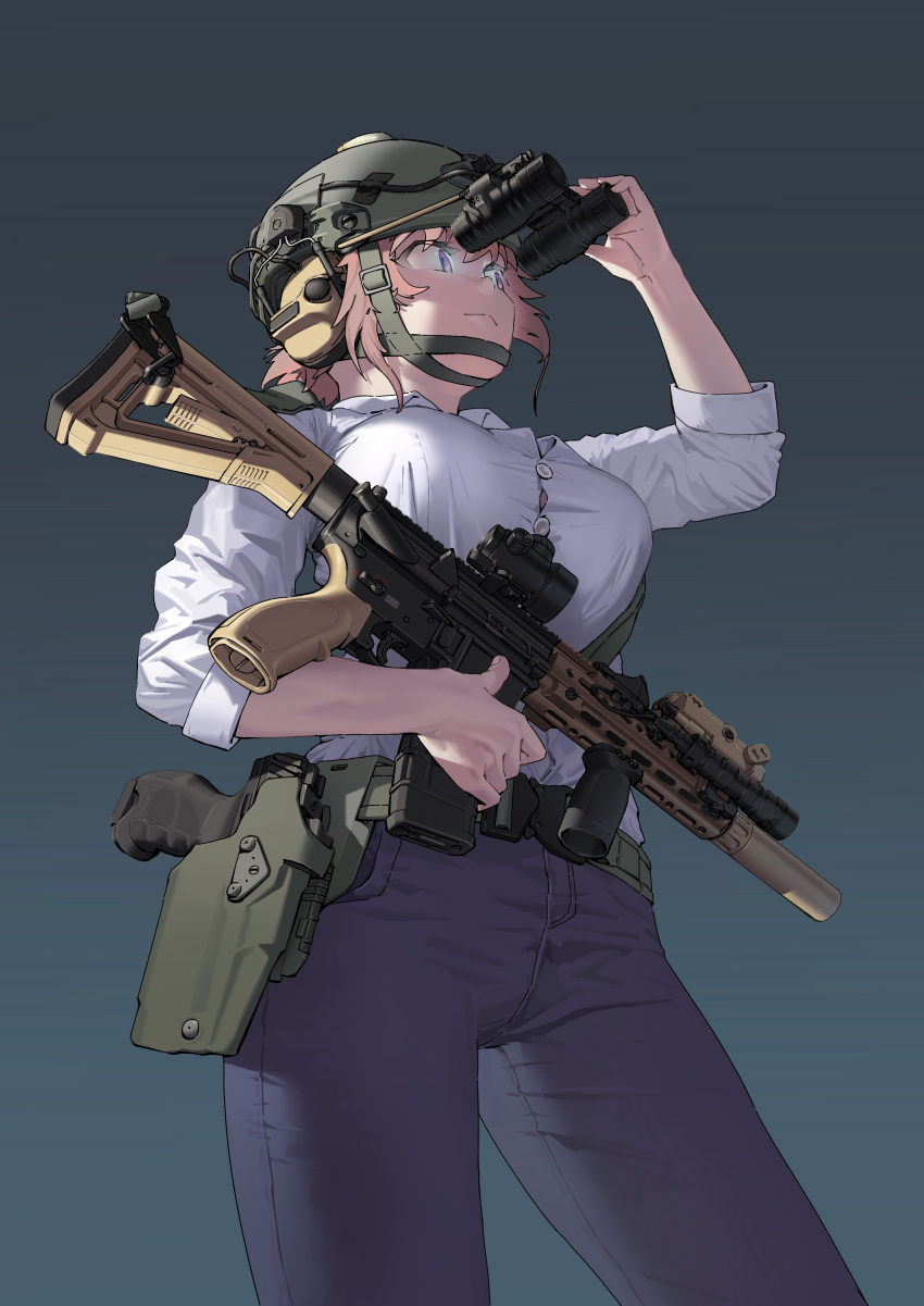 1girl absurdres arm_up assault_rifle belt blue_background blue_eyes blue_pants breasts buttons chin_strap chinese_commentary closed_mouth collared_shirt combat_helmet commentary cowboy_shot foregrip from_above frown gradient_background green_belt green_headwear grey_background gun gun_sling h&amp;k_hk416 h&amp;k_vp9 handgun headset heckler_&amp;_koch helmet highres holding holding_gun holding_weapon holstered large_breasts laser_sight light_brown_hair looking_afar looking_to_the_side night_vision_device optical_sight original pants pilot_webber pocket rifle shirt short_hair sleeves_past_elbows sleeves_rolled_up solo suppressor tactical_clothes utility_belt vertical_foregrip weapon white_shirt