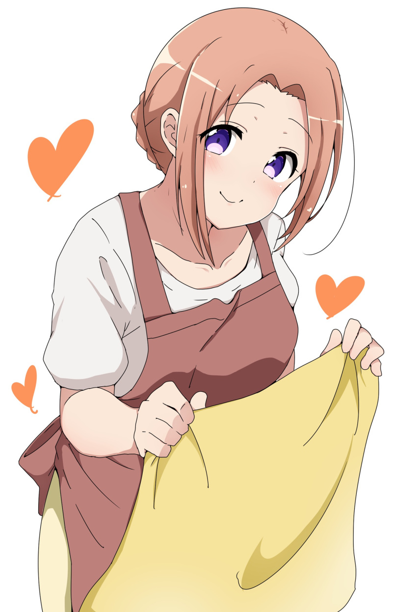 1girl apron blush breasts brown_apron brown_hair closed_mouth collarbone commentary_request cowboy_shot gochuumon_wa_usagi_desu_ka? heart highres holding hoto_cocoa's_mother looking_at_viewer medium_breasts parted_bangs riyo_(aokiwazumi) shirt short_hair short_hair_with_long_locks short_sleeves sidelocks simple_background skirt smile solo standing violet_eyes white_background white_shirt yellow_skirt