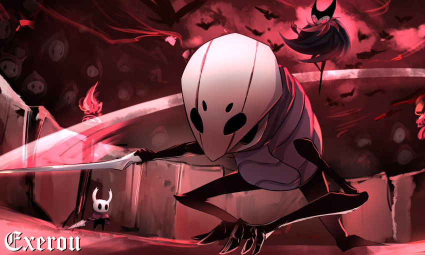3others black_skin bug character_request cloak colored_skin commentary_request fighting fighting_stance grimm_(hollow_knight) highres holding holding_weapon hollow_eyes hollow_knight knight_(hollow_knight) mask multiple_others no_humans outdoors quirrel signature top-exerou weapon