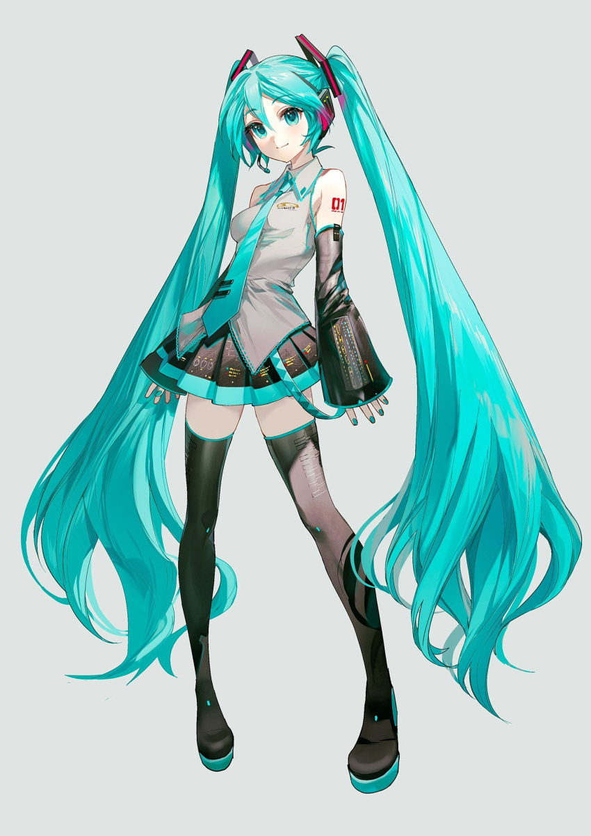 1girl aqua_eyes aqua_hair aqua_nails aqua_necktie arm_tattoo arms_at_sides bare_shoulders black_footwear black_skirt black_sleeves blue_trim boots closed_mouth collared_shirt commentary detached_sleeves dot_nose full_body grey_background grey_shirt hair_between_eyes hair_ornament hatsune_miku headset highres long_hair long_sleeves looking_at_viewer nail_polish necktie number_tattoo platform_boots platform_footwear pleated_skirt rumoon shirt simple_background skirt sleeveless sleeveless_shirt sleeves_past_wrists smile solo standing tattoo thigh_boots twintails very_long_hair vocaloid wide_sleeves zettai_ryouiki