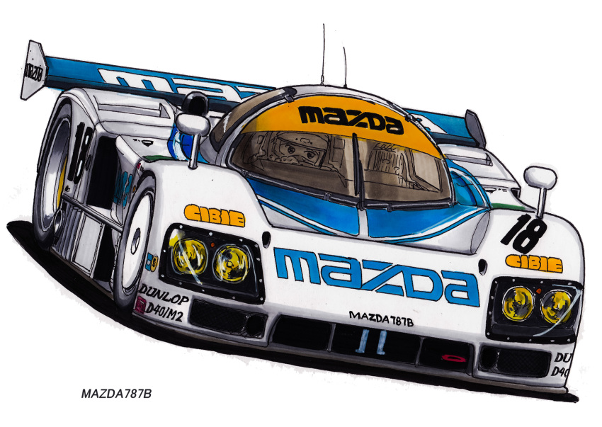 1other black_car car driving english_text gloves helmet highres holding le_mans_prototype mazda mazda_787b motor_vehicle product_placement race_vehicle racecar shadow simple_background takashi_mamiya vehicle_focus white_background white_car world_sportscar_championship