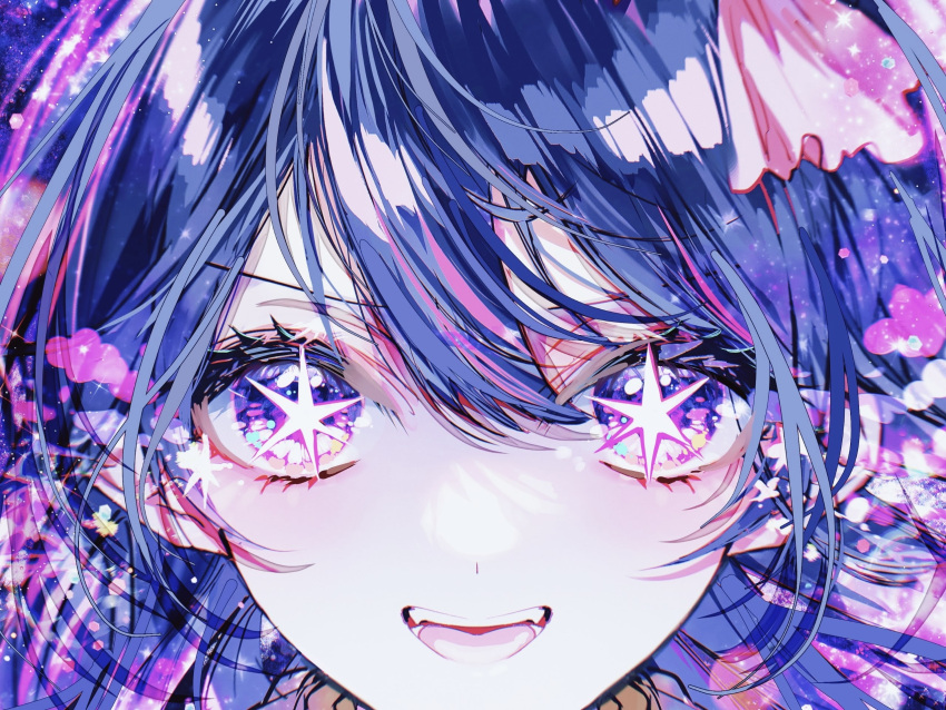 1girl banbiiiino0303 blue_hair blush commentary hair_between_eyes highres hoshino_ai_(oshi_no_ko) looking_at_viewer open_mouth oshi_no_ko portrait smile solo star-shaped_pupils star_(symbol) star_in_eye straight-on symbol-shaped_pupils symbol_in_eye teeth upper_teeth_only violet_eyes