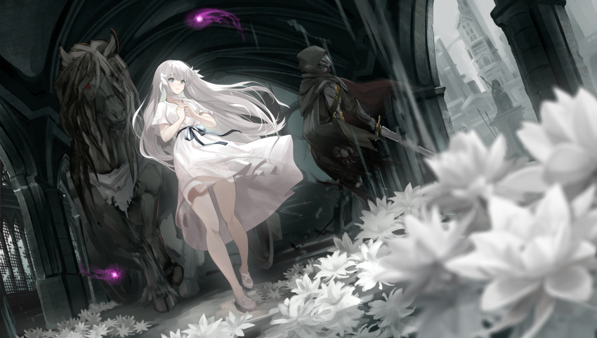 1boy 1girl bale_(ender_lilies) blue_eyes building dress ender_lilies_quietus_of_the_knights flower highres horse jewelry lily_(ender_lilies) necklace noir_socery777 own_hands_clasped own_hands_together statue sword umbral_knight_(ender_lilies) weapon white_dress white_flower white_footwear white_hair wisp