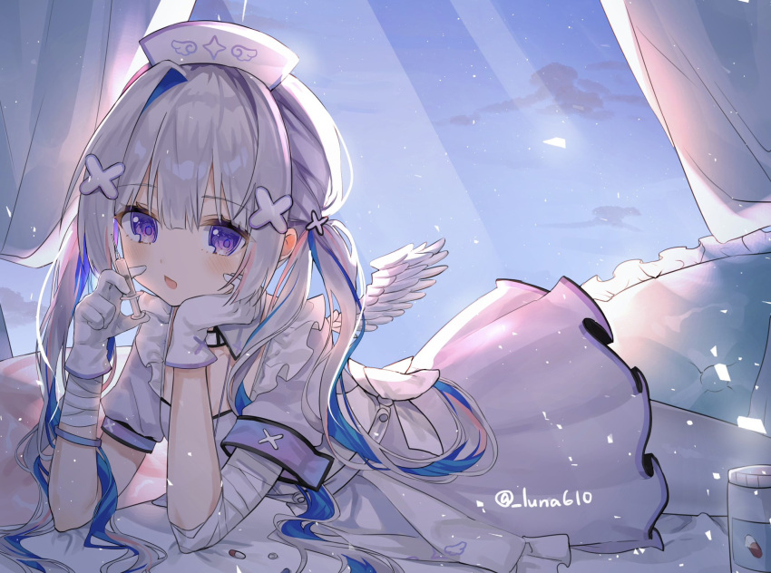 1girl amane_kanata amane_kanata_(4th_costume) angel_wings apron bandaged_arm bandages blue_hair blush colored_inner_hair curtains dress feathered_wings frills gloves grey_hair hair_ornament hat head_rest highres hololive long_hair looking_at_viewer luna_(luna610) lying multicolored_hair nurse nurse_cap on_stomach open_mouth pantyhose pillow short_sleeves single_hair_intake solo streaked_hair twintails twitter_username violet_eyes virtual_youtuber white_apron white_dress white_gloves white_headwear white_pantyhose wings x_hair_ornament
