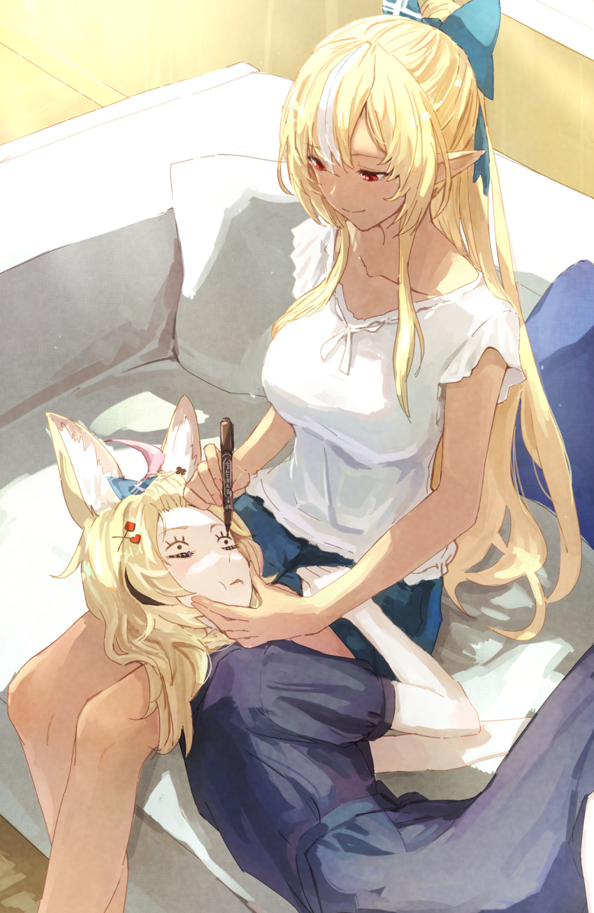 2girls alternate_costume animal_ears black_hair black_shirt black_skirt blonde_hair blue_bow blue_shorts bow breasts casual cheek_squash closed_mouth commentary couch diamond_hair_ornament drawing_on_another's_face feet_out_of_frame fox_ears hair_bow hair_ornament hair_pulled_back hairclip hand_on_another's_face heart heart_hair_ornament highres holding holding_marker hololive indoors lap_pillow long_hair lying makeup marker mascara medium_breasts medium_hair multicolored_hair multiple_girls omaru_polka on_side pillow pink_hair ponytail red_eyes shiranui_flare shirt short_shorts short_sleeves shorts sidelocks sitting skirt sleeping smile two-tone_hair virtual_youtuber wavy_hair white_hair white_shirt yami_ara