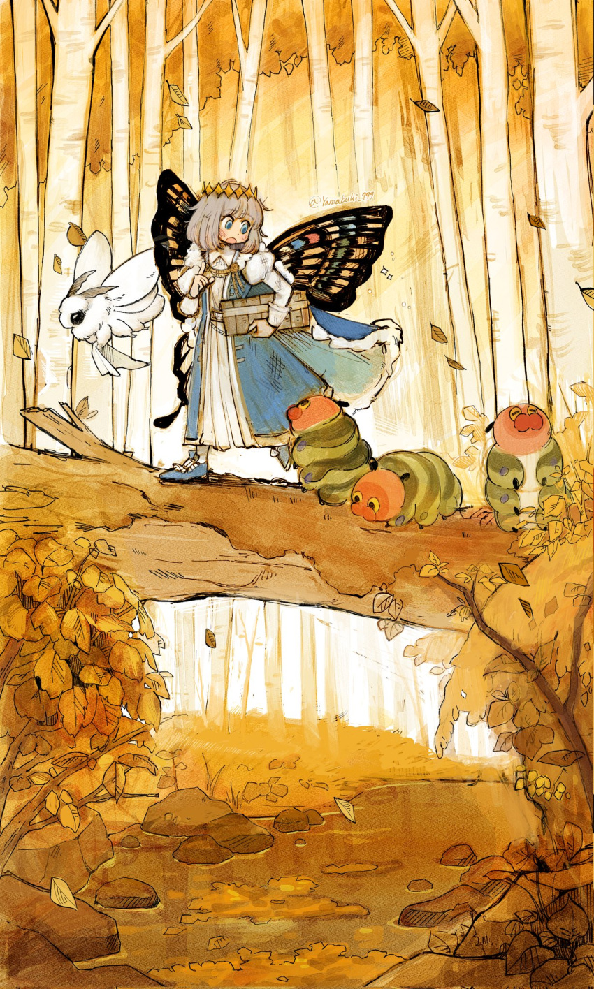 1boy blanca_(fate) blue_cape blue_eyes blue_flower butterfly_wings cape caterpillar diamond_hairband dot_nose dress fallen_tree falling_leaves fate/grand_order fate_(series) flower forest grey_hair highres holding juliet_sleeves leaf long_sleeves male_focus nature oberon_(fate) open_mouth puffy_sleeves rock short_hair solo twitter_username walking white_dress wings yamabuki_999