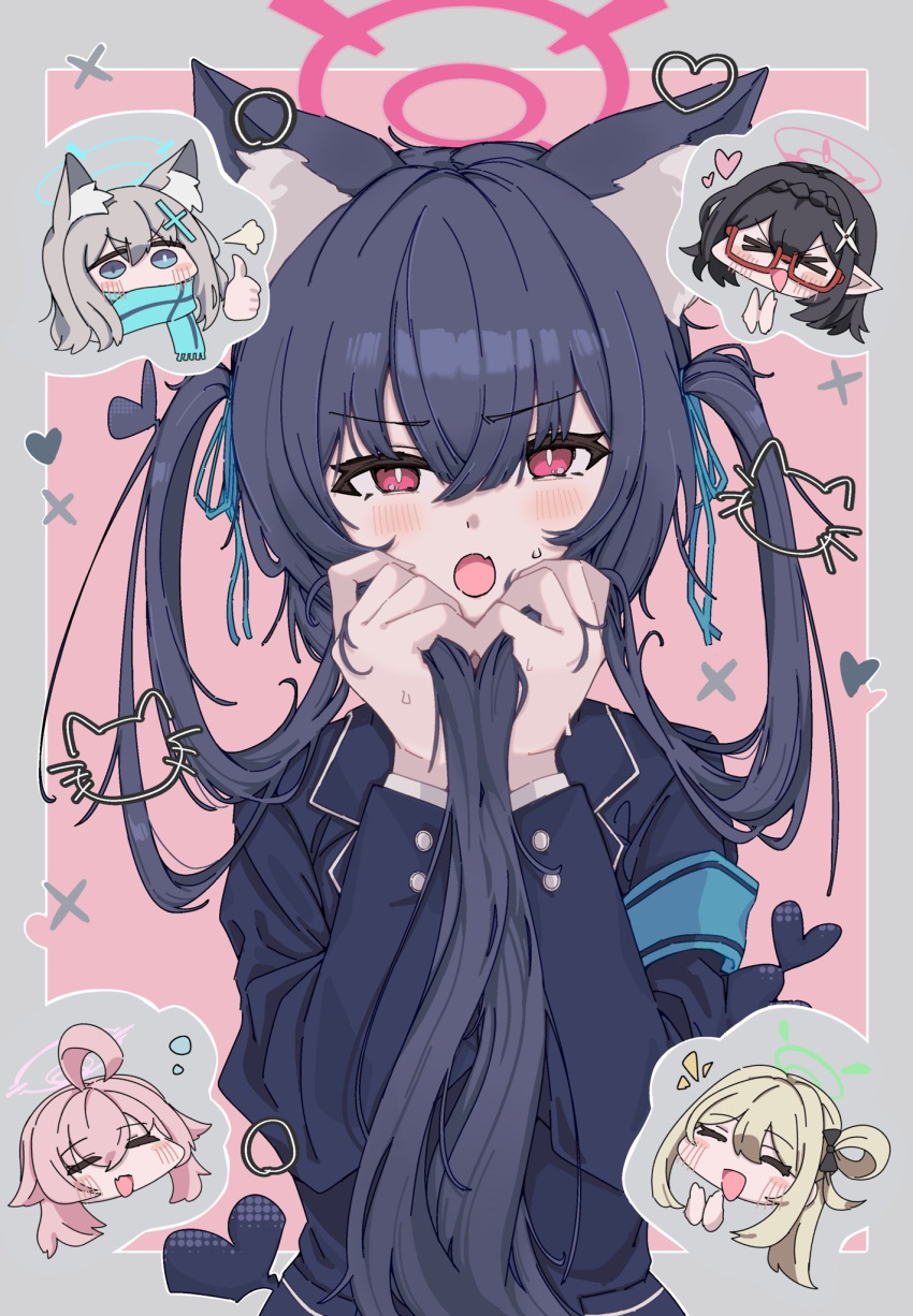5girls akane_(blue_archive) animal_ear_fluff animal_ears armband black_hair black_jacket blue_archive blue_armband blue_ribbon blush border bright_pupils cat_ears chibi commentary_request grabbing_own_hair grey_border hair_ribbon halo hands_up heart highres hoshino_(blue_archive) jacket kuzuuo long_hair looking_at_viewer multiple_girls nonomi_(blue_archive) open_mouth pink_eyes pink_halo ribbon serika_(blue_archive) shiroko_(blue_archive) smile spoken_character straight-on sweatdrop twintails upper_body white_pupils