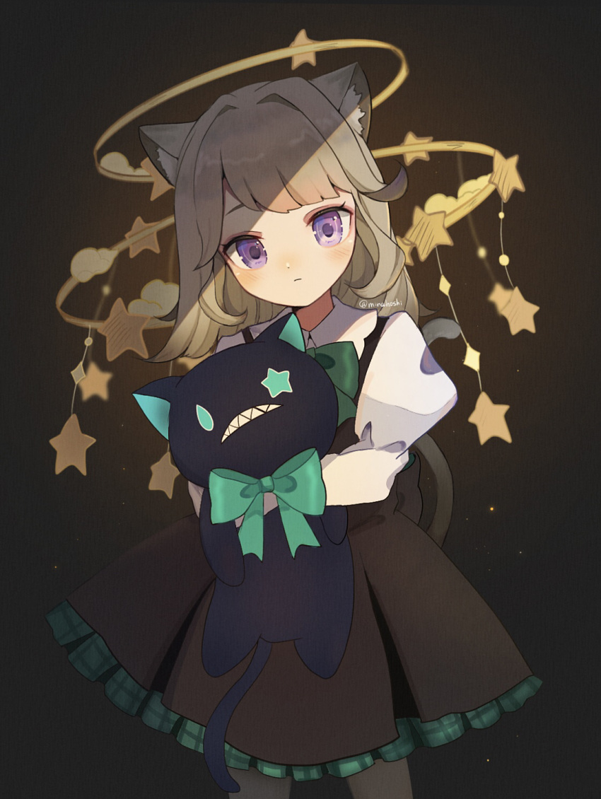 1girl animal_ear_fluff animal_ears black_dress blonde_hair blush bow brown_background cat cat_ears cat_girl cat_tail closed_mouth cowboy_shot dark_background dress dress_bow frilled_dress frills genshin_impact glowing green_bow highres holding long_hair long_sleeves looking_at_viewer lynette_(genshin_impact) minahoshi37 object_hug pantyhose puffy_sleeves shirt simple_background solo standing stuffed_animal stuffed_cat stuffed_toy tail violet_eyes white_shirt