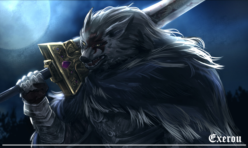 1boy absurdres blaidd_the_half-wolf cloak commentary_request elden_ring full_moon fur_cloak furry furry_male greatsword highres holding holding_sword holding_weapon male_focus mixed-language_commentary moon night outdoors signature solo sword teeth top-exerou weapon wolf_boy
