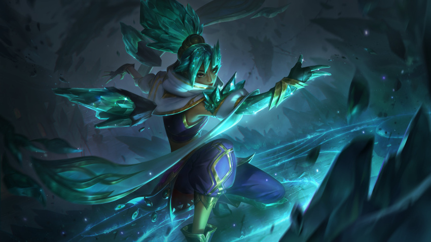1girl absurdres black_gloves blue_pants brown_eyes closed_mouth crystalis_motus_taliyah detached_sleeves expressionless fingerless_gloves francis_tneh gem gloves green_eyes green_gemstone green_hair hair_between_eyes heterochromia high_ponytail highres league_of_legends light_particles looking_at_viewer official_alternate_costume official_alternate_hairstyle official_art outdoors pants ponytail rock solo standing taliyah