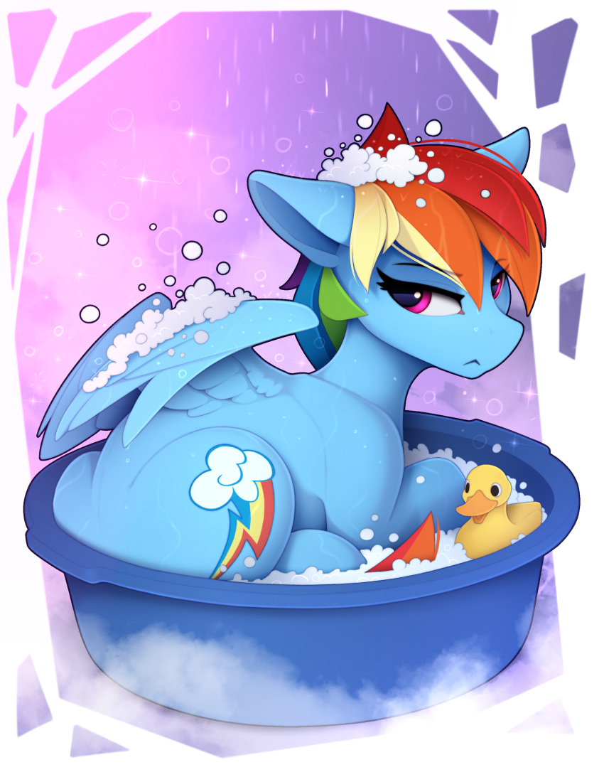 absurdres bath blue_fur bubble_bath highres looking_at_viewer multicolored_hair my_little_pony my_little_pony:_friendship_is_magic no_humans pegasus pegasus_wings pink_eyes rainbow_dash rainbow_hair rubber_duck solo yakovlev-vad