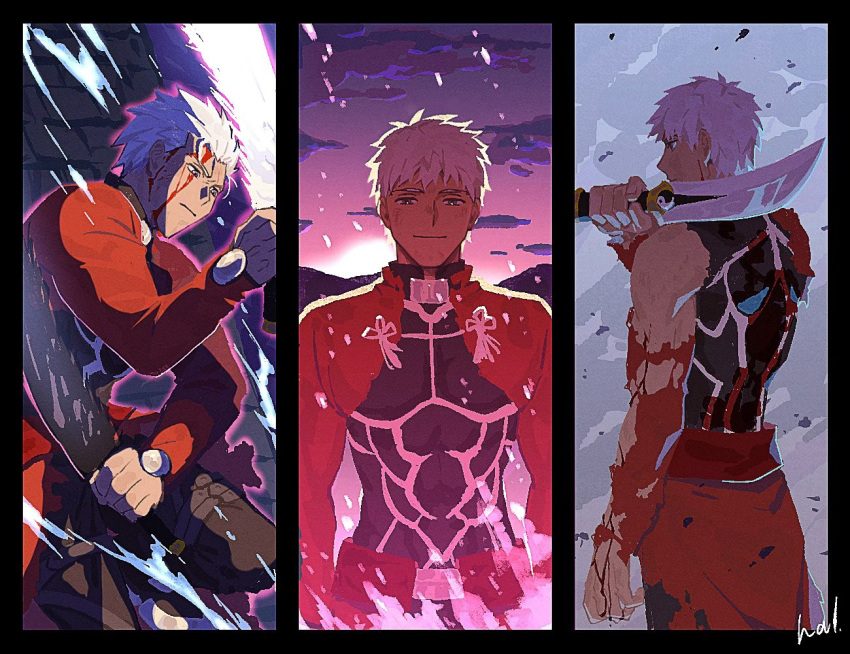 1boy archer_(fate) battle bleeding blood brown_eyes closed_mouth dark-skinned_male dark_skin facing_viewer fate/stay_night fate_(series) frown hal_(haaaalhal) heaven's_feel holding holding_sword holding_weapon injury long_sleeves looking_at_viewer male_focus pants short_hair short_sword smile solo spoilers standing sword tan torn_clothes weapon white_hair