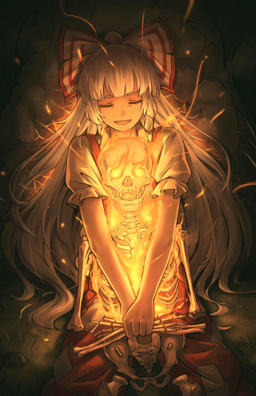 1girl absurdres blunt_bangs bow closed_eyes commentary_request embers facing_viewer feet_out_of_frame fire fujiwara_no_mokou hair_bow highres holding long_hair night ofuda ofuda_on_clothes on_ground open_mouth pants red_bow red_pants rock royl shirt short_sleeves sitting skeleton smile solo suspenders touhou two-tone_bow very_long_hair white_bow white_hair white_shirt