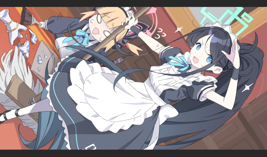 2girls absurdly_long_hair absurdres all_fours animal_ear_headphones animal_ears apron aris_(blue_archive) aris_(maid)_(blue_archive) arm_up black_dress black_footwear black_hair black_wristband blue_archive blue_eyes blue_ribbon blunt_bangs broken_vase cat_ear_headphones cat_tail dress fake_animal_ears green_halo halo headphones high_heels high_ponytail highres holding holding_mop indoors laika_(sputnik2nd) long_hair long_sleeves looking_at_viewer maid maid_apron maid_headdress momoi_(blue_archive) mop multiple_girls neck_ribbon official_alternate_costume open_mouth orange_hair pantyhose pink_halo ponytail puffy_short_sleeves puffy_sleeves ribbon salute short_sleeves standing sweatdrop tail very_long_hair white_apron white_pantyhose
