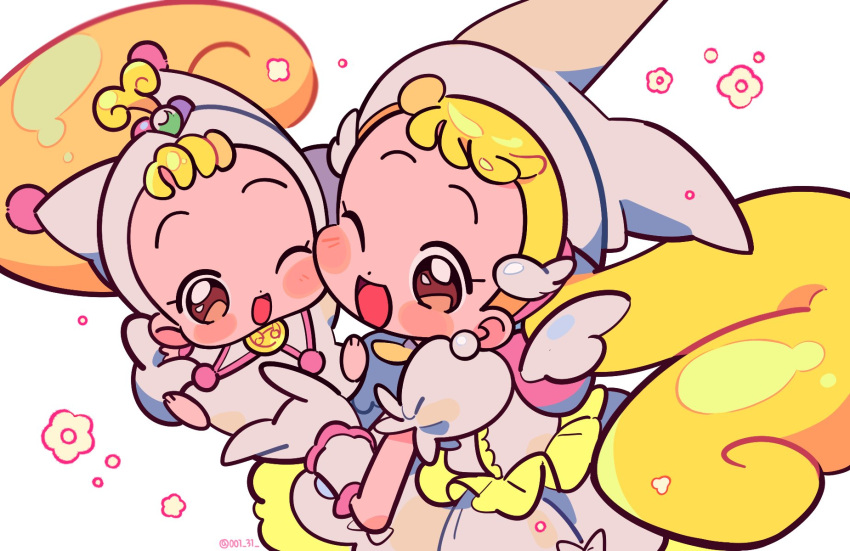 2girls :d blonde_hair blush brown_eyes carrying carrying_person cheek-to-cheek chueog dress earrings flower full_body gloves hair_bobbles hair_ornament hat heads_together highres jewelry long_hair low_twintails magical_girl makihatayama_hana multiple_girls ojamajo_doremi one_eye_closed open_mouth puffy_short_sleeves puffy_sleeves short_hair short_sleeves smile time_paradox twintails white_background white_dress white_gloves white_headwear white_wings wing_hair_ornament wings