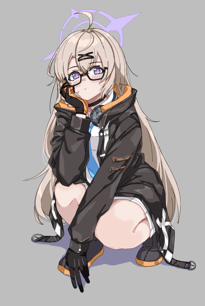 1girl ahoge black_choker black_footwear black_gloves black_jacket blue_archive blue_necktie blush brown_hair choker closed_mouth commentary_request full_body glasses gloves grey_background hair_ornament halo hand_up head_rest headphones headphones_around_neck highres hood hooded_jacket jacket kotama_(blue_archive) kuzuuo long_hair long_sleeves looking_at_viewer necktie open_clothes open_jacket orange_gloves purple_halo semi-rimless_eyewear shirt shoes simple_background solo squatting two-tone_gloves white_shirt x_hair_ornament