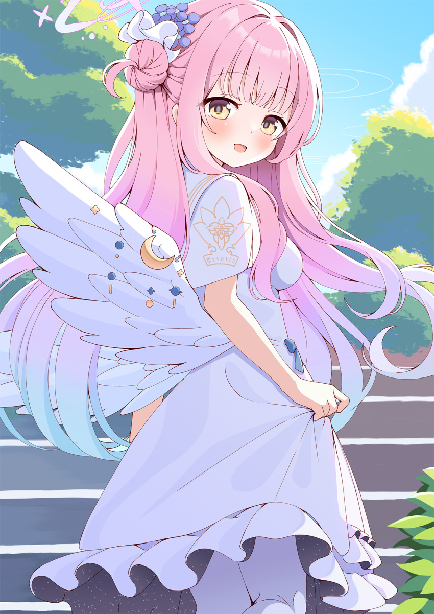 1girl azel_(laevateinn495) blue_archive blue_sky blunt_bangs blush breasts clouds commentary_request day dress feathered_wings feet_out_of_frame gradient_hair hair_bun halo highres long_sleeves looking_at_viewer looking_back low_wings medium_breasts mika_(blue_archive) multicolored_hair open_mouth outdoors pantyhose pink_hair pink_halo single_side_bun skirt_hold sky smile solo standing tree white_dress white_pantyhose white_wings wings yellow_eyes