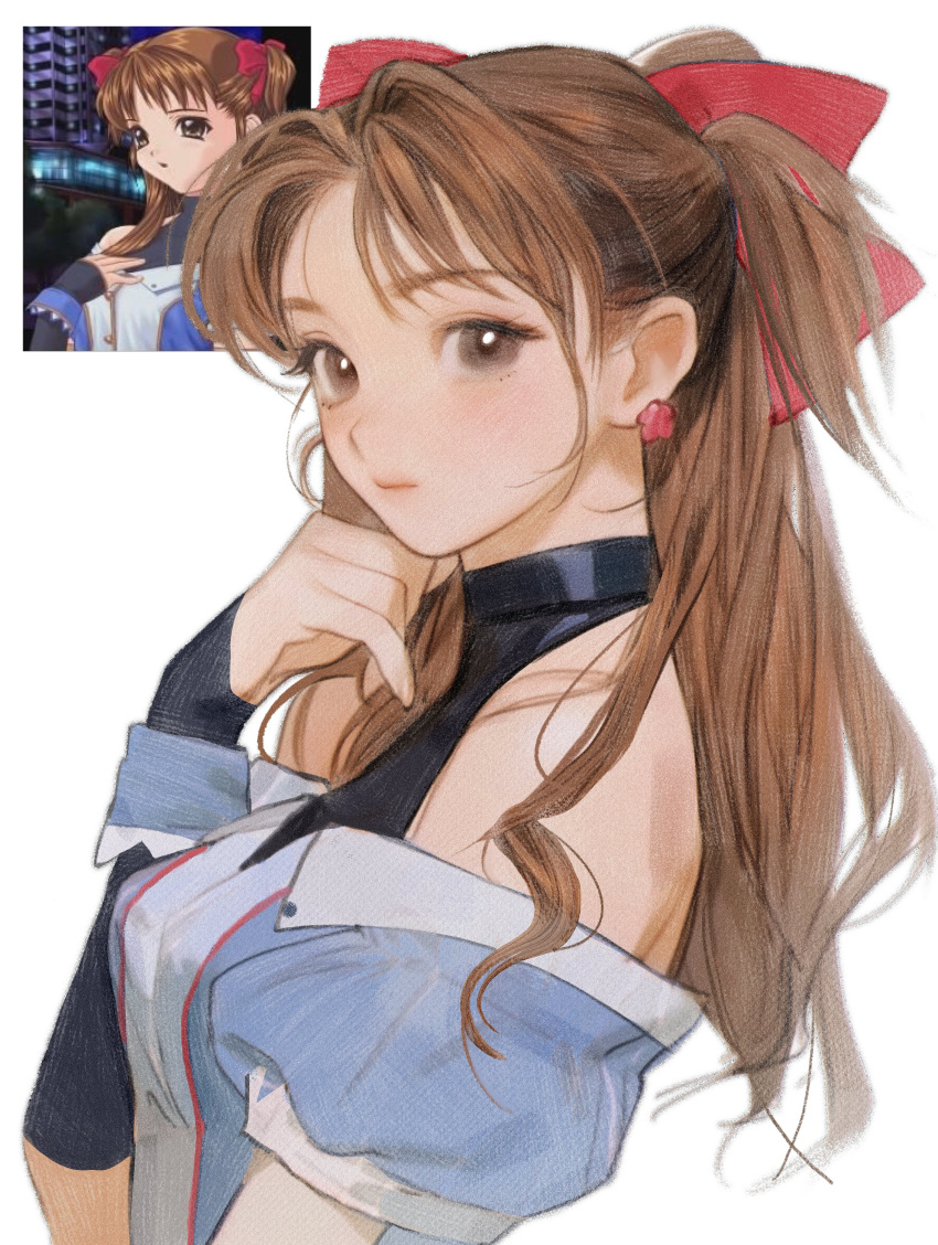 1girl absurdres black_shirt blue_shirt blush bow breasts brown_eyes brown_hair derivative_work earrings expressionless flower_earrings from_side hair_behind_ear hair_bow highres jewelry looking_at_viewer medium_breasts nagamerin off-shoulder_shirt off_shoulder ogata_rina parted_bangs red_bow reference_inset screencap_inset screencap_redraw shirt solo two_side_up upper_body white_album white_background