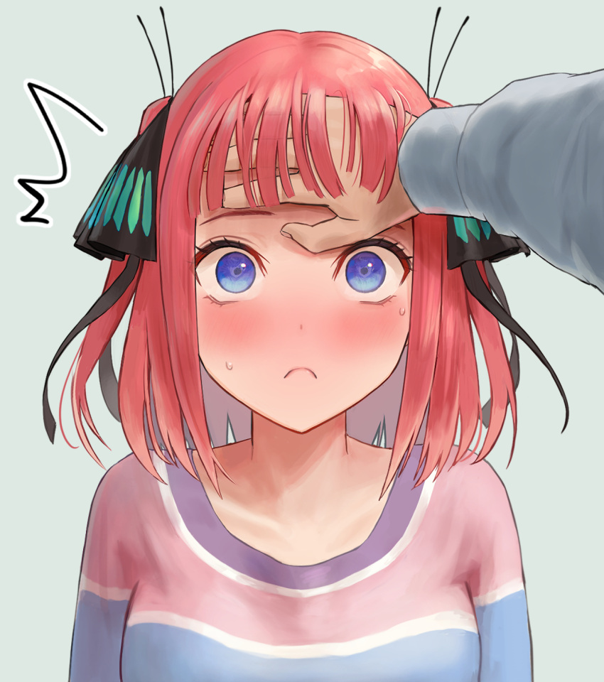 1boy 1girl black_ribbon blue_eyes blunt_bangs blush bob_cut butterfly_hair_ornament closed_mouth collarbone commentary_request go-toubun_no_hanayome hair_ornament hair_ribbon hand_on_another's_head hand_on_own_neck highres ishiyuki multicolored_nails multicolored_shirt nakano_nino pink_hair ribbon shirt short_hair sidelocks solo striped striped_shirt sweatdrop uesugi_fuutarou