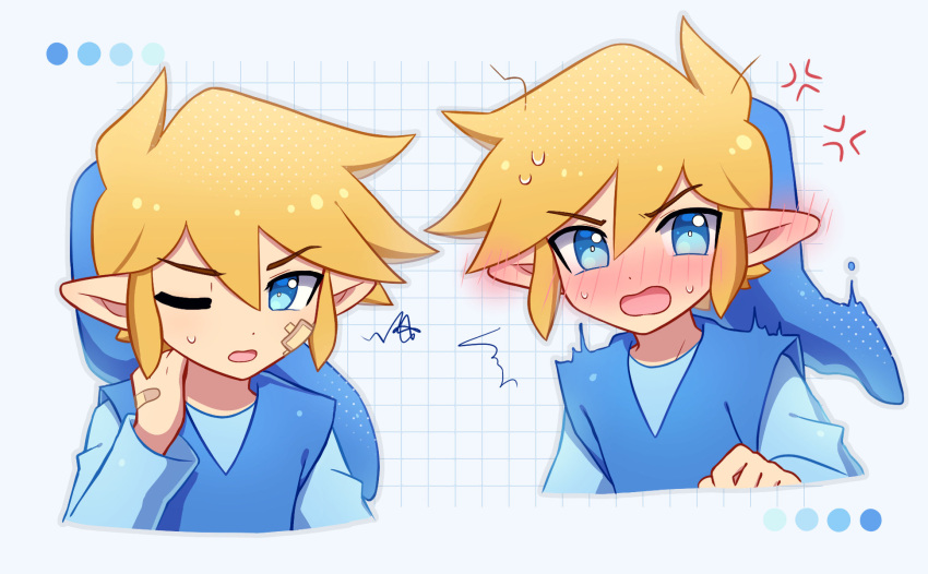 1boy ^^^ anger_vein bandaid bandaid_on_cheek bandaid_on_face bandaid_on_hand blonde_hair blue_background blue_eyes blue_shirt blue_tunic blush color_guide commentary ear_blush embarrassed english_commentary enni hair_between_eyes hair_strand hand_on_own_neck hand_up highres link long_sleeves looking_at_viewer male_focus multiple_views nose_blush one_eye_closed open_mouth pointy_ears shirt short_hair sidelocks simple_background squiggle sweat sweatdrop the_legend_of_zelda the_legend_of_zelda:_four_swords tunic upper_body