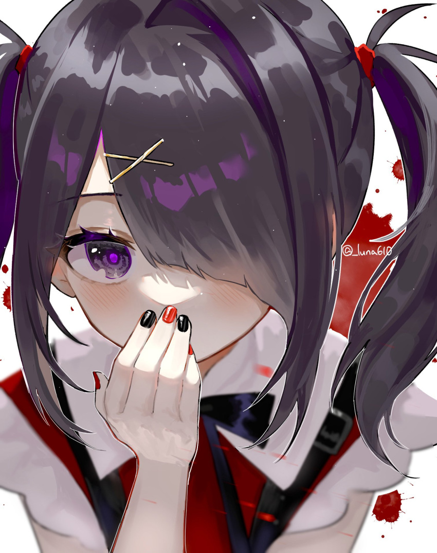 1girl ame-chan_(needy_girl_overdose) black_hair black_nails black_ribbon blood blood_splatter blush covering_mouth hair_ornament hair_over_one_eye hairclip highres looking_at_viewer luna_(luna610) multicolored_nails nail_polish needy_girl_overdose one_eye_covered red_nails ribbon shirt solo suspenders twintails twitter_username upper_body violet_eyes x_hair_ornament