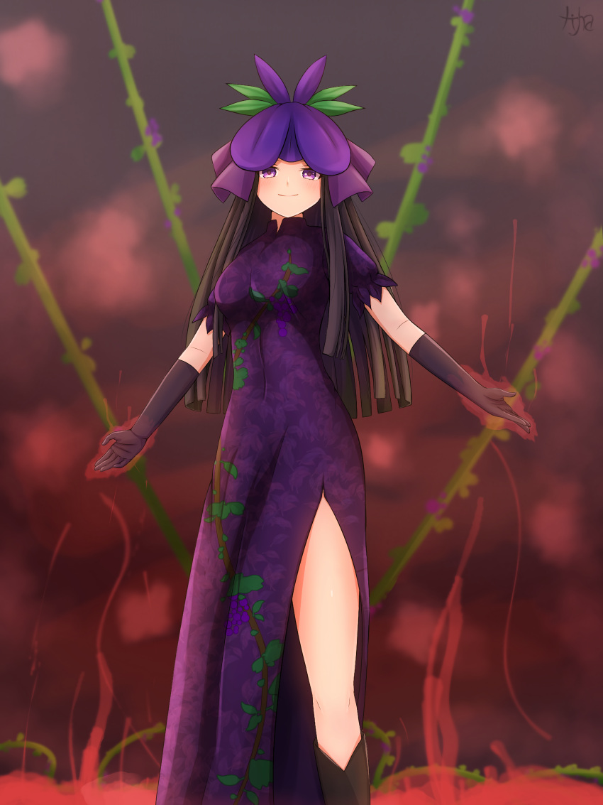 1girl absurdres black_gloves black_headwear china_dress chinese_clothes closed_mouth commentary dress feet_out_of_frame flower flower_on_head gloves grape_print hatoman_(ytef4434) highres long_hair looking_at_viewer purple_dress purple_flower solo standing touhou violet_eyes yomotsu_hisami