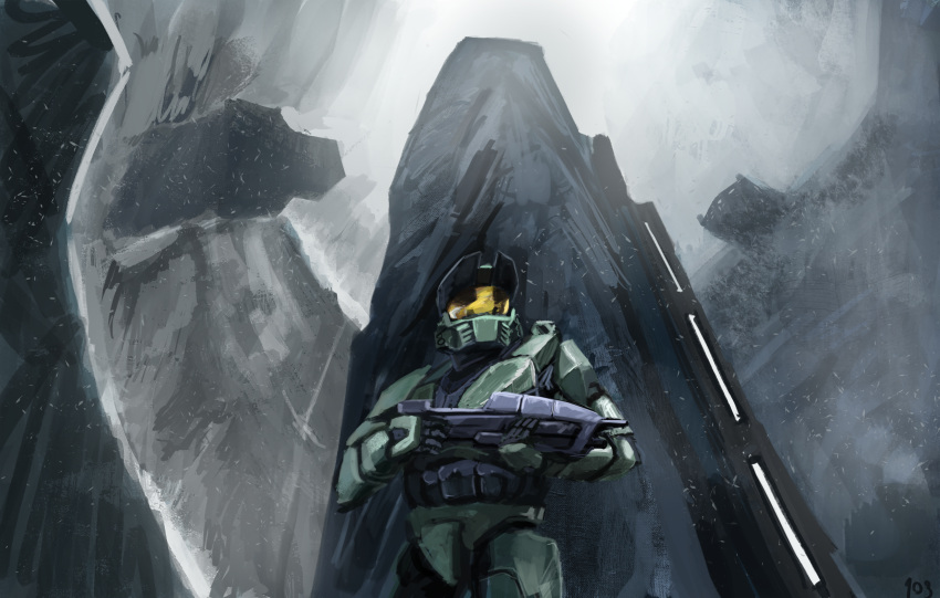 1boy absurdres assault_rifle assault_visor bullpup danlamdae gun halo:_combat_evolved halo_(series) highres holding holding_gun holding_weapon looking_up ma5 male_focus master_chief power_armor rifle scenery snow snowing solo spartan_(halo) weapon