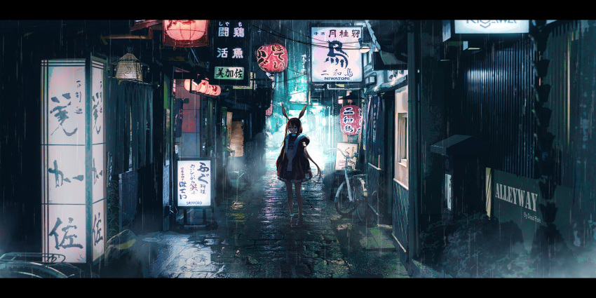 1girl absurdres alley amiya_(arknights) animal_ears arknights artist_name bicycle blue_eyes brown_hair collar de4d_fish english_text full_body highres jewelry lantern light multiple_rings rabbit_ears rain ring scenery sign single_ankle_cuff solo standing title