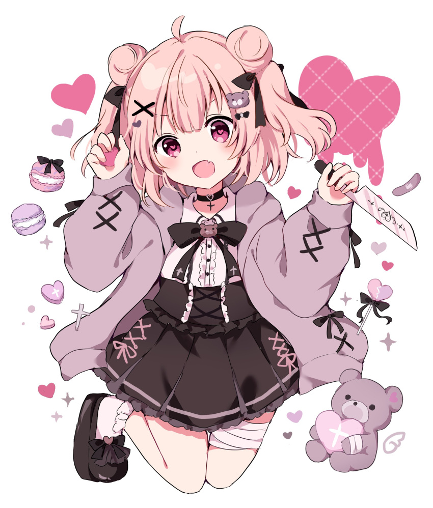 1girl ahoge bandages bandaid black_bow black_choker black_footwear black_skirt blush bow center_frills choker collared_shirt double_bun fang food frilled_skirt frills hair_bow hair_bun hair_ornament heart heart-shaped_pupils heart_background highres holding holding_knife hood hood_down hooded_jacket jacket knife kokoshira_0510 long_sleeves looking_at_viewer open_clothes open_jacket open_mouth original pink_hair pleated_skirt puffy_long_sleeves puffy_sleeves shirt shoes skirt sleeves_past_wrists smile socks solo stuffed_animal stuffed_toy symbol-shaped_pupils teddy_bear white_background white_shirt white_socks x_hair_ornament