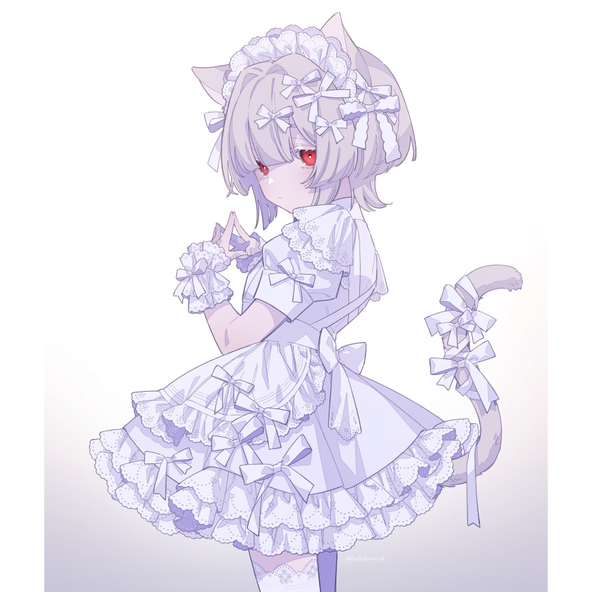 1girl absurdres animal_ears apron cat_ears cat_girl cat_tail dress frilled_apron frilled_dress frills frown goshi-san gradient_background grey_hair hair_ribbon hairband highres lace-trimmed_legwear lace_trim looking_at_viewer maid maid_headdress original own_hands_together red_eyes ribbon short_hair short_sleeves solo steepled_fingers tail tail_ornament tail_ribbon thigh-highs white_apron white_dress white_ribbon white_thighhighs wrist_cuffs