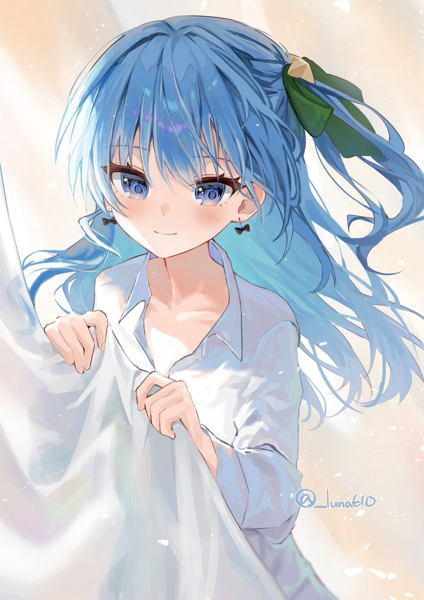 1girl blue_eyes blue_hair blush closed_mouth collarbone collared_shirt curtain_grab curtains earrings green_ribbon hair_ribbon highres hololive hoshimachi_suisei jewelry long_hair long_sleeves looking_at_viewer luna_(luna610) one_side_up ribbon shirt smile solo star_(symbol) star_in_eye sunlight symbol_in_eye twitter_username upper_body virtual_youtuber white_shirt