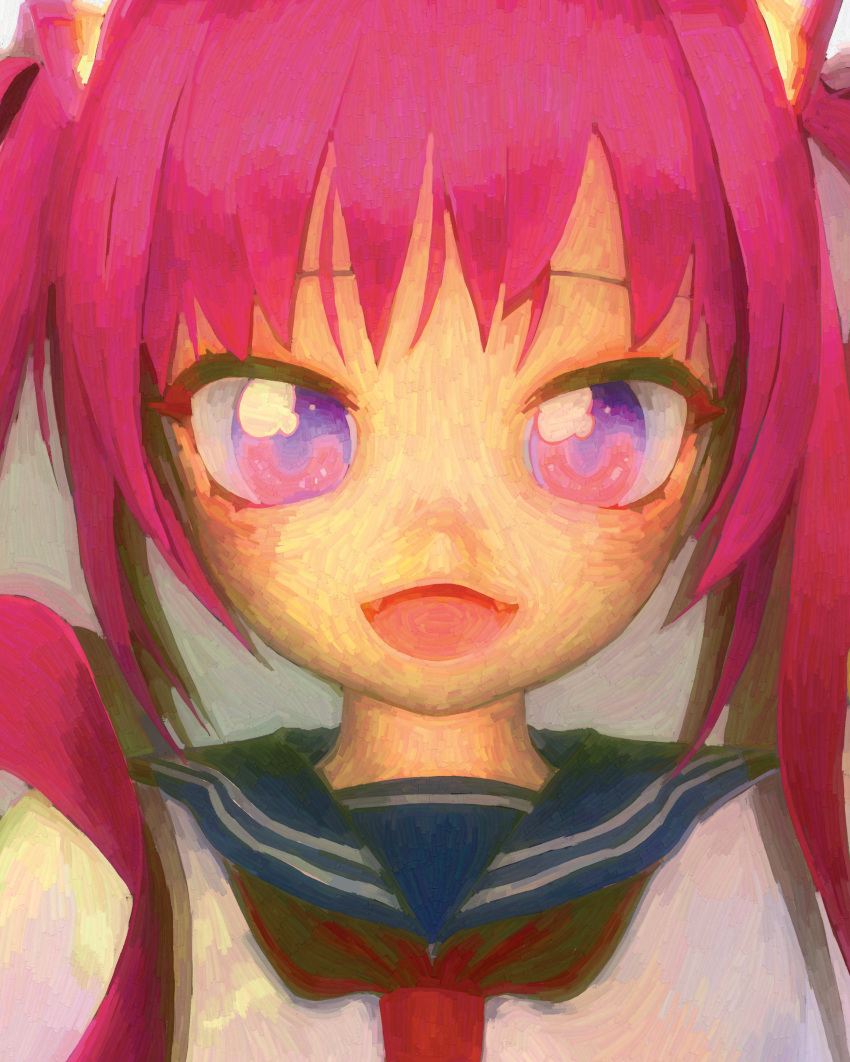 1girl absurdres blue_sailor_collar close-up commentary cropped english_commentary fangs highres long_hair looking_at_viewer neckerchief open_mouth original pink_hair portrait red_neckerchief sailor_collar sailor_shirt school_uniform serafuku shirt smile solo straight-on ufoshock violet_eyes white_shirt