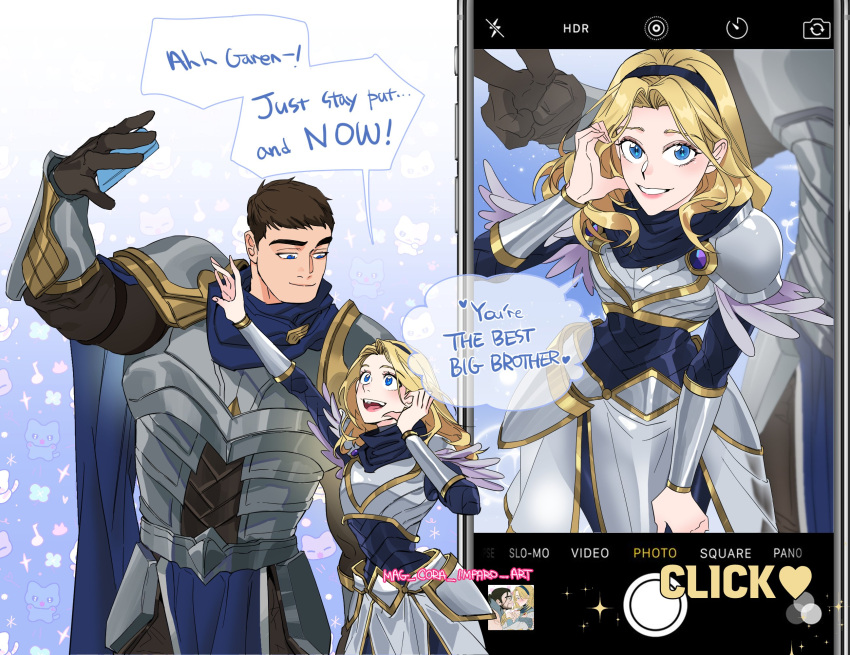 1boy 1girl armor artist_name black_bodysuit black_gloves black_hair blonde_hair blue_eyes bodysuit breastplate brother_and_sister closed_mouth english_text fake_phone_screenshot fake_screenshot garen_(league_of_legends) gloves heart heart_hands highres league_of_legends long_hair looking_at_another lux_(league_of_legends) mag_cora_imparo muscular muscular_male pauldrons selfie short_hair shoulder_armor siblings smile sylas_(league_of_legends) teeth