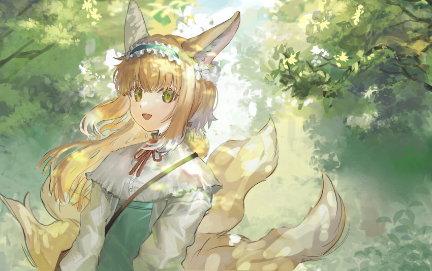 1girl :d animal_ears arknights blonde_hair blue_dress blue_hairband dress fox_ears fox_girl fox_tail frilled_hairband frills green_eyes hairband highres long_hair long_sleeves multicolored_hair multiple_tails neck_ribbon neumo official_alternate_costume open_mouth outdoors red_ribbon ribbon sidelocks smile solo streaked_hair suzuran_(arknights) suzuran_(spring_praise)_(arknights) tail tree upper_body