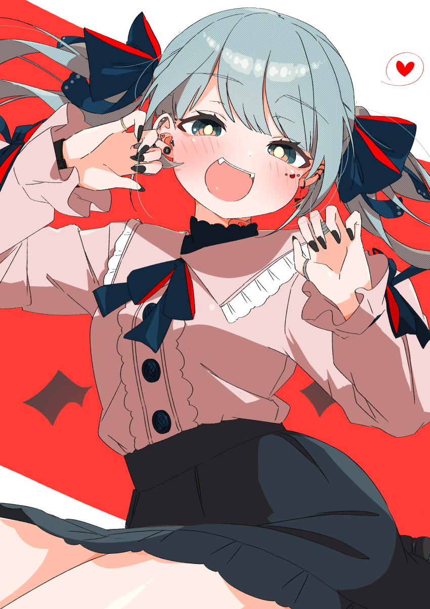 1girl :d absurdres bandaid bandaid_on_neck black_skirt blush bow claw_pose collared_shirt detached_wings ear_piercing facial_mark fangs hair_bow half-closed_eyes hands_up hatsune_miku heart heart_facial_mark highres industrial_piercing lace_trim looking_at_viewer piercing red_background seductive_smile shirt skirt smile thighs twintails uruti_2388 vampire vampire_(vocaloid) vocaloid wings