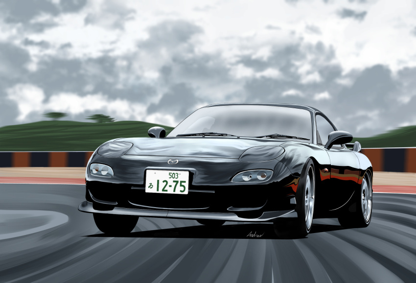 andres_(ysct3225) car clouds cloudy_sky drifting highres license_plate mazda mazda_rx-7 mazda_rx-7_fd motion_blur motor_vehicle no_humans original outdoors racetrack shadow signature sky spoiler_(automobile) vehicle_focus
