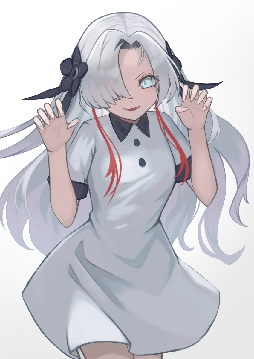 1girl absurdres black_flower claw_pose collared_dress cowboy_shot dress flower grey_dress grey_eyes grey_hair hair_flower hair_ornament hair_over_one_eye hands_up highres isekai_joucho kamitsubaki_studio long_hair looking_at_viewer multicolored_hair neko_hiiragi parted_lips redhead short_sleeves simple_background smile solo two-tone_hair virtual_youtuber white_background