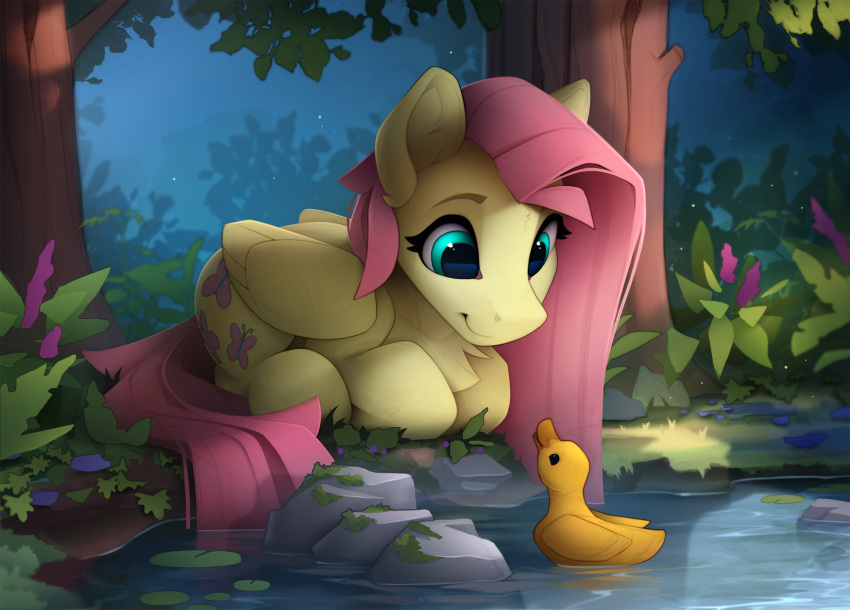 bird blue_eyes duck fluttershy forest highres long_hair my_little_pony my_little_pony:_friendship_is_magic nature no_humans outdoors pegasus pegasus_wings pink_hair plant tree water yakovlev-vad yellow_fur