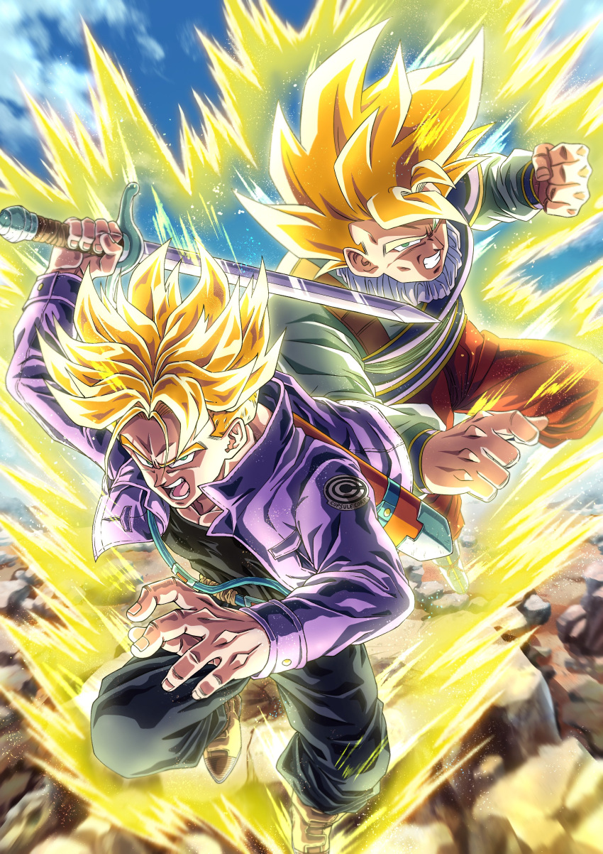 2boys absurdres aura belt black_pants black_shirt boots brown_pants capsule_corp charging_forward clenched_hand clenched_teeth collaboration collared_jacket commentary_request dragon_ball dragon_ball_z green_eyes highres holding holding_sword holding_weapon incoming_attack jacket looking_at_viewer male_focus mocky_art multiple_boys muscular muscular_male open_clothes open_jacket open_mouth pants purple_jacket rock scabbard sheath shirt son_goku spiky_hair super_saiyan super_saiyan_1 sword teeth trunks_(dragon_ball) trunks_(future)_(dragon_ball) typo v-shaped_eyebrows weapon white_shirt yuuji11111