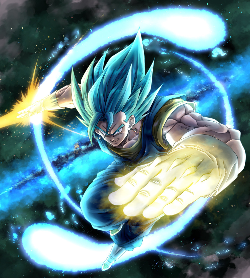 1boy absurdres black_background blue_background blue_eyes blue_hair blue_pants blue_shirt boots charging_forward commentary_request dougi dragon_ball dragon_ball_super dragon_ball_z_dokkan_battle earrings energy_ball energy_sword gloves green_background highres incoming_attack jewelry male_focus mocky_art multicolored_background muscular muscular_male orange_shirt pants potara_earrings shirt smile solo spiky_hair super_saiyan super_saiyan_blue sword v-shaped_eyebrows vegetto weapon white_footwear white_gloves
