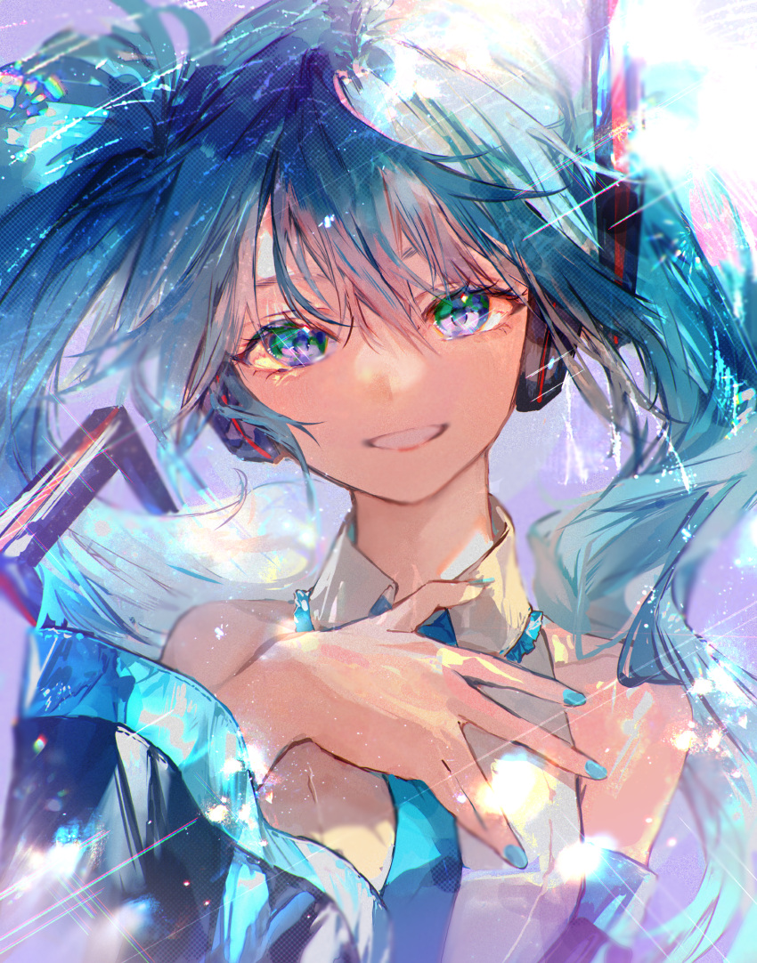 1girl :d absurdres arm_at_side armpit_crease bare_shoulders black_sleeves blue_eyes blue_hair blue_nails blue_necktie breasts collared_shirt commentary detached_sleeves grin hair_between_eyes hair_ornament hand_on_own_chest hatsune_miku head_tilt headset highres karanagare long_bangs long_sleeves looking_at_viewer nail_polish necktie open_mouth shirt sidelocks sleeveless sleeveless_shirt small_breasts smile solo teeth vocaloid white_shirt