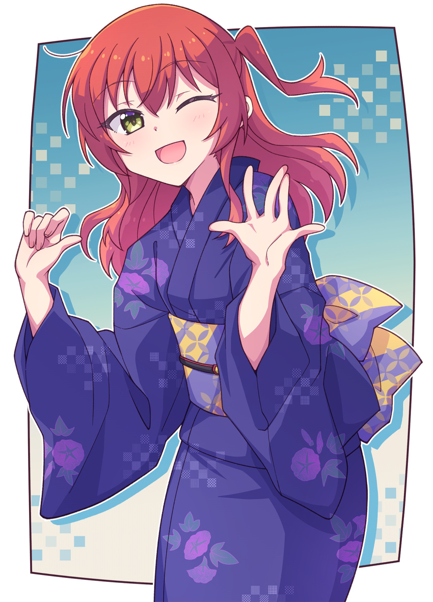 1girl ;d bad_hands blue_kimono bocchi_the_rock! e20 green_eyes hair_between_eyes hands_up highres japanese_clothes kimono kita_ikuyo long_hair long_sleeves looking_at_viewer obi one_eye_closed one_side_up outline redhead sash smile solo white_outline wide_sleeves