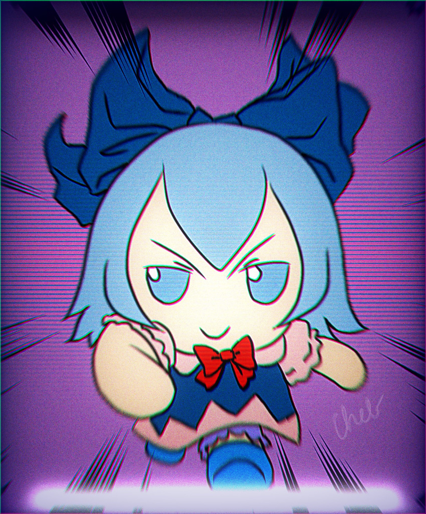 1girl blue_dress blue_eyes blue_footwear blue_hair bow chibi chromatic_aberration cirno commentary dress english_commentary fumo_(doll) highres medium_hair red_bow running running_towards_viewer signature skullchimes solo speed_lines touhou v-shaped_eyebrows vhs_artifacts