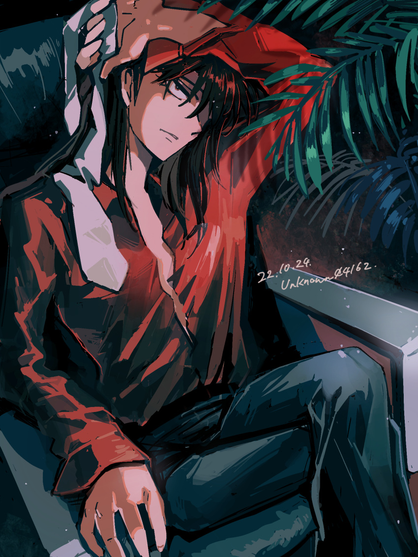 1boy black_pants chair closed_mouth collared_shirt commentary_request crossed_legs dated feet_out_of_frame hair_over_one_eye highres holding_necktie ichijou_seiya kaiji long_bangs long_hair long_sleeves looking_at_viewer male_focus necktie office_chair pants red_eyes red_shirt redhead shirt solo swivel_chair unknown03162 white_necktie