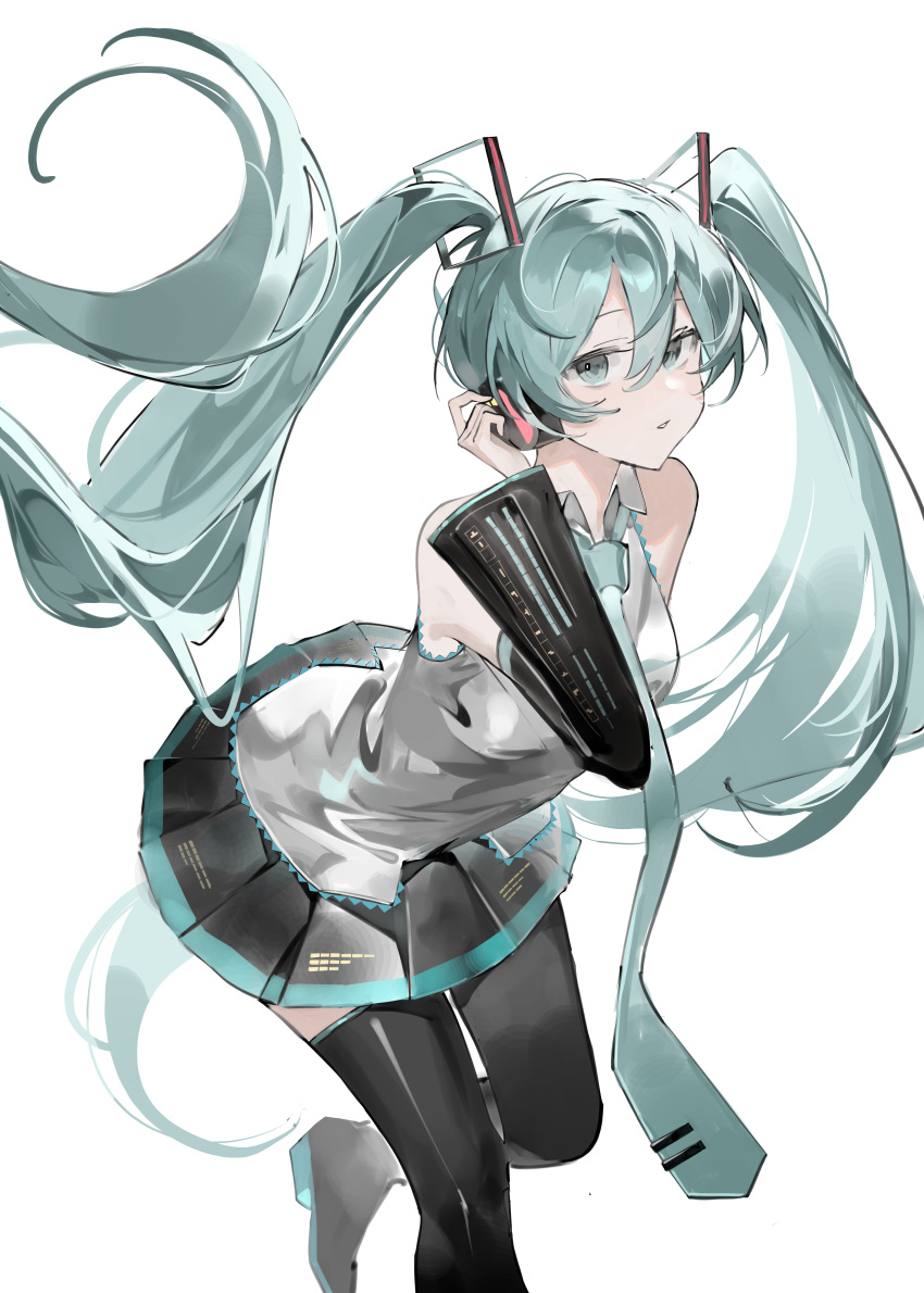 1girl absurdres bare_shoulders black_footwear black_skirt black_sleeves blue_eyes blue_hair blue_necktie blush boots breasts collared_shirt detached_sleeves floating_hair foot_out_of_frame foot_up frilled_shirt frills hair_between_eyes hair_ornament hand_on_headwear hatsune_miku headset highres leaning_forward long_hair long_sleeves looking_at_viewer miniskirt mo011010 necktie parted_lips pleated_skirt shirt simple_background skirt sleeveless sleeveless_shirt small_breasts solo thigh_boots tie_clip twintails very_long_hair vocaloid white_background white_shirt