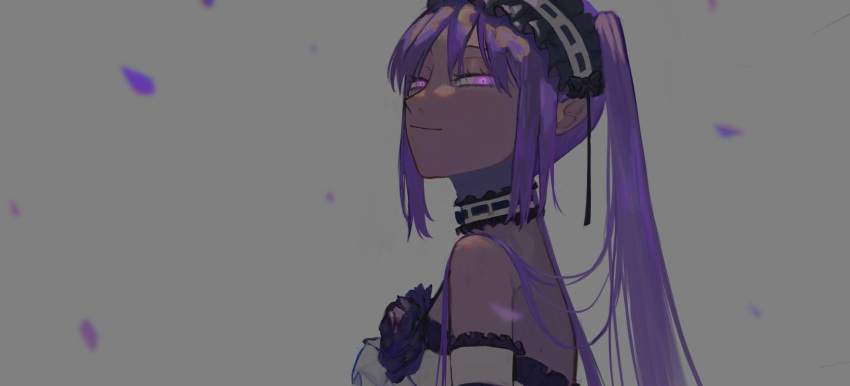 1473ex 1girl arm_garter bare_shoulders black_flower black_rose choker dress fate/hollow_ataraxia fate_(series) flower frilled_choker frilled_hairband frills hairband highres long_hair looking_at_viewer petals purple_hair rose sketch smile smug solo stheno_(fate) strapless strapless_dress twintails upper_body violet_eyes