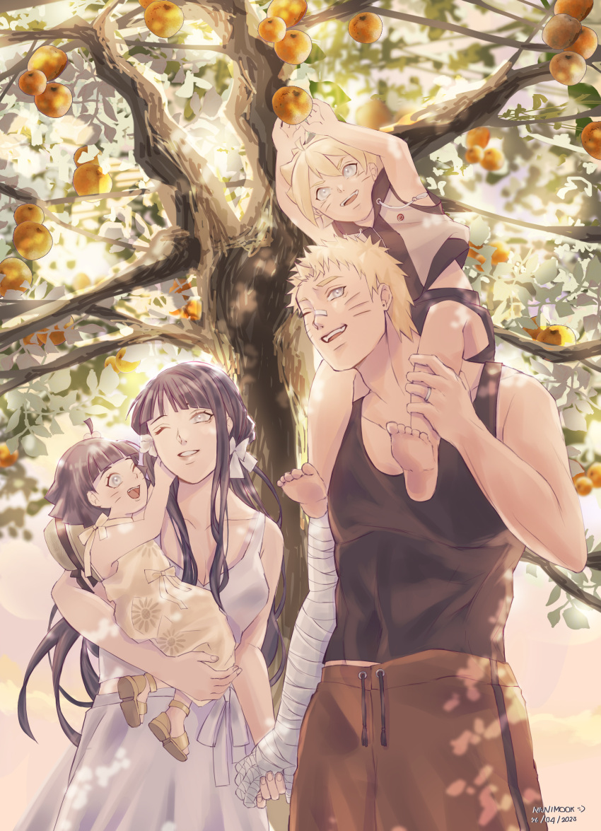 2boys 2girls absurdres aged_down ahoge artist_name bandaged_arm bandages bandaid bandaid_on_face bandaid_on_nose black_hair black_shirt blonde_hair blunt_bangs blunt_ends boruto:_naruto_next_generations brother_and_sister carrying child child_carry commentary dappled_sunlight dated dress facial_mark family father_and_daughter father_and_son flower food fruit grin hair_flower hair_ornament happy highres holding_hands husband_and_wife hyuuga_hinata jewelry leaf mother_and_daughter mother_and_son multiple_boys multiple_girls nanimook_kore naruto_(series) one_eye_closed open_mouth ring shirt shorts siblings sleeveless smile sunlight symbol-only_commentary tank_top teeth tree upper_teeth_only uzumaki_boruto uzumaki_himawari uzumaki_naruto wedding_ring whisker_markings white_dress yellow_dress