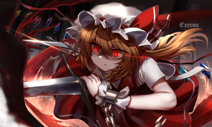 1girl absurdres blonde_hair blood blood_on_weapon commentary_request crystal flandre_scarlet glowing glowing_eyes hat hat_ribbon highres holding holding_sword holding_weapon one_side_up open_mouth red_eyes red_ribbon ribbon short_sleeves signature slit_pupils solo sword top-exerou touhou weapon white_headwear wings